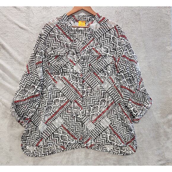 Ruby Rd Black White Sheer Geometric Print Button Up Blouse Size 20W Pockets - Picture 1 of 10